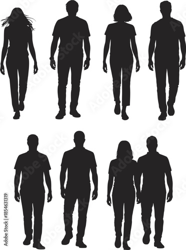 Walking, silhouette, people, pose, movement, gesture, icon, vector, black, isolated, forward, character, design, group, casual, stride, style, collection, diversity, posture