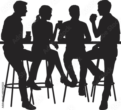 Bar stool silhouette, people talking, café scene, social interaction, black vector, drink holding, casual meeting, isolated, white background