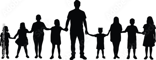 Unity silhouettes, people holding hands, community bond, black vector, family icon, connection gesture, isolated graphic, togetherness moment, group stance, social harmony