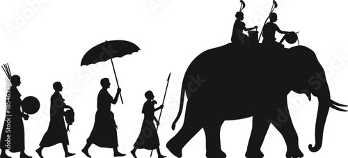 Traditional procession silhouettes, cultural parade, elephant rider, ceremonial figures, black vector, festive icon, ritual gesture, isolated graphic, heritage moment, symbolic art