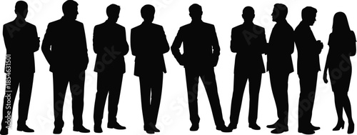Business silhouettes, professional group, corporate stance, black vector, teamwork icon, formal gesture, isolated graphic, organization pose, leadership moment, office attire