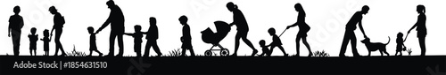 Family silhouettes, outdoor bonding, parenting scene, black vector, caregiving icon, stroller walk, pet interaction, isolated graphic, community gesture, lifestyle moment