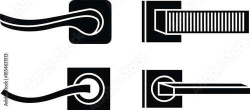 Collection of door handles with modern design black and white vector illustration.