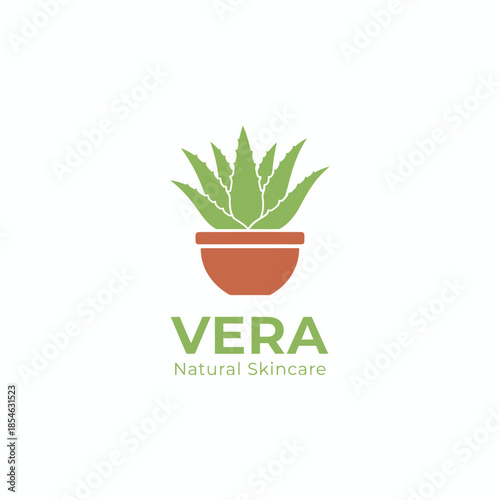 A fresh green and brown logo for Vera Natural Skincare, featuring a detailed aloe vera plant in a clay pot to represent organic beauty products