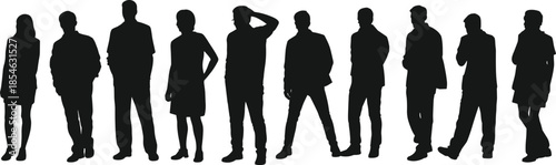 Human silhouettes, diverse people, standing figures, posture study, fashion mix, casual formal, black vector, demographic icon, isolated graphic, row alignment