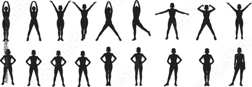 Standing silhouette, expressive poses, dynamic gesture, posture variation, fitness movement, flat vector, black outline, human figure, art reference illustration