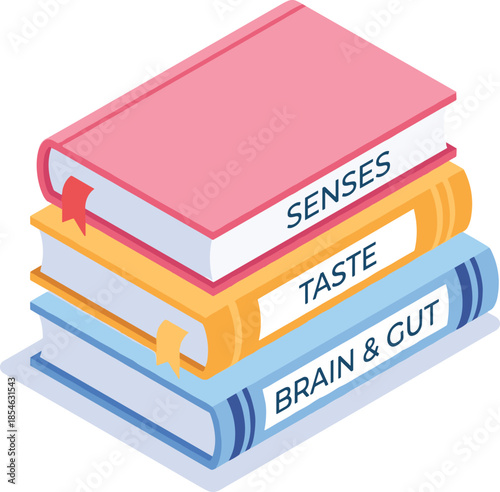 Stack of Three Books with Titles Senses Taste and Brain & Gut Keywords: books, stack, reading, learning, education, knowledge