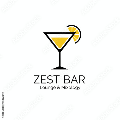 A minimalist logo for Zest Bar featuring a martini glass with yellow liquid and an orange slice garnish, representing fresh lounge and mixology