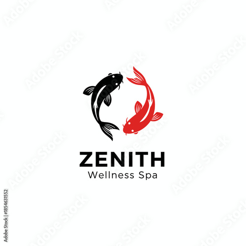 Elegant logo for "Zenith Wellness Spa" featuring two koi fish in a yin-yang circular motion. Symbols of balance, harmony, and peaceful relaxation