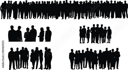 Crowd silhouette, group of people, black human shapes, social gathering icons, standing figures, community design, isolated crowd illustration