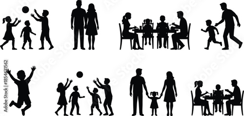 Family activity silhouettes, black figure icons, dining and play scenes, parenting clipart, emotional poses, isolated design, vector set