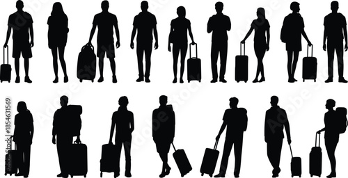 Travelers silhouette set showing men women tourists carrying suitcases backpacks standing walking isolated white background travel vector illustration