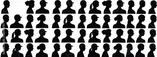 Human head silhouettes, black profile icons, diverse hairstyles, cap-wearing figures, left and right facing heads, isolated design, vector clipart set