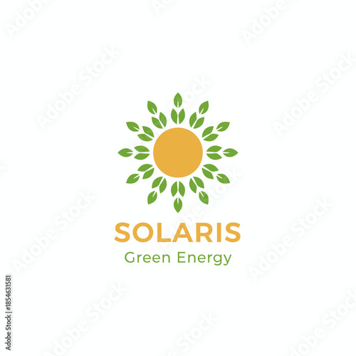 Eco-friendly logo for "Solaris Green Energy" featuring a bright sun surrounded by green leaves. Symbolizing clean, sustainable, and renewable power