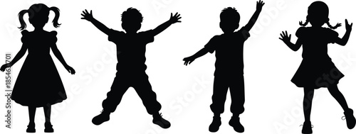 Children silhouettes, playful poses, joyful movement, black vector, expressive gesture, isolated graphic, happy moment, energetic stance, diverse style, fun behavior