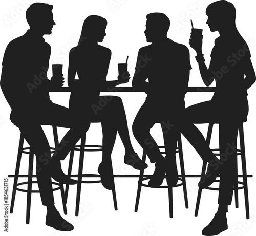 Bar scene silhouettes, social gathering, drink gesture, black vector, casual icon, seated pose, isolated graphic, relaxed moment, stool stance, beverage interaction