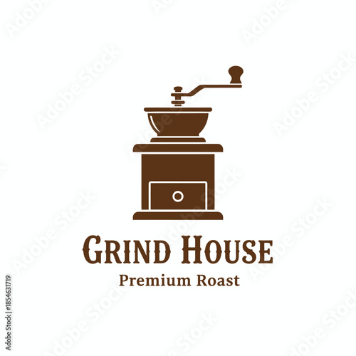 Vintage brown logo for "Grind House Premium Roast" featuring a classic manual coffee grinder icon, perfect for cafes and coffee branding
