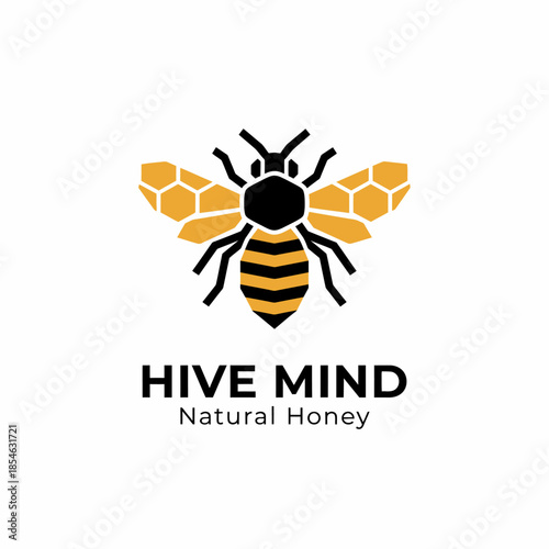 Modern logo for "Hive Mind Natural Honey" featuring a geometric honey bee with honeycomb-patterned wings in black and orange. Clean and professional.