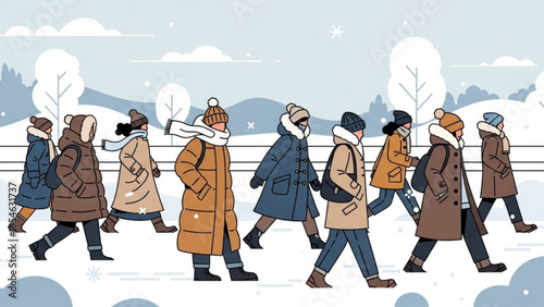 Group of people walking on snowy path in winter clothing, snowflakes falling, trees and mountains in background, cold weather scene