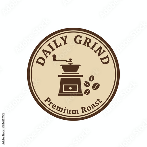 A vintage circular logo for "Daily Grind Premium Roast" featuring a classic coffee grinder and coffee beans in a rustic brown and cream color palette.