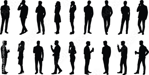 People silhouette set showing men women standing thinking talking holding phone coffee isolated white background lifestyle vector illustration