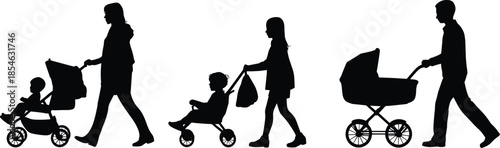 Stroller silhouettes, caregiver walking, child transport, black vector, parenting icon, family moment, pram push, isolated graphic, outdoor gesture, nurturing pose