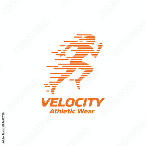 Modern orange logo for Velocity Athletic Wear featuring a dynamic, stylized running figure composed of speed lines to represent fast movement.