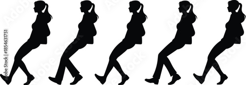 Walking motion silhouettes, human gait sequence, black figure icons, ponytail character, jacket and pants design, isolated walking poses, vector clipart