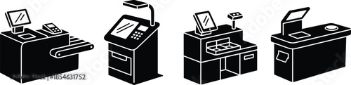 Isometric pos terminal and payment desk set vector black silhouette isolated.