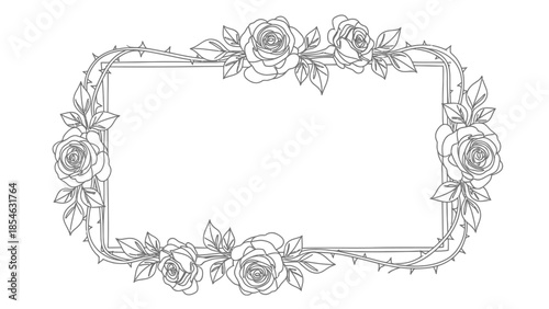 Elegant floral frame with roses and thorns perfect for wedding invitations or design projects