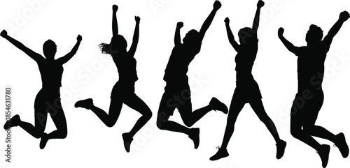 Jumping silhouette, energetic pose, celebration gesture, success concept, flat vector, black outline, human figure, motion study, joyful action illustration