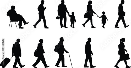 Silhouettes of people walking, family outing, travel scene, stroller and suitcase, daily activity, black vector, outdoor lifestyle, diverse poses