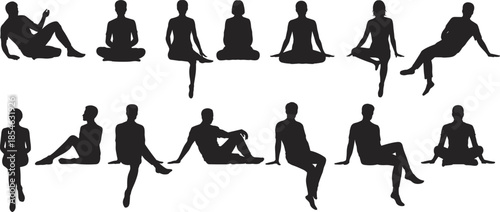 Silhouette sitting poses, seated human figures, diverse postures, ergonomic reference, gesture study, animation design, art model, flat vector illustration