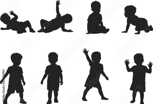 Baby and toddler silhouette collection isolated black vector illustration showing crawling sitting standing walking childhood growth development stages
