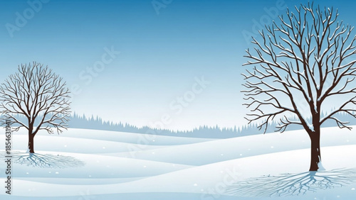 Two bare trees stand alone in a serene snowy landscape with a clear blue sky and distant forest