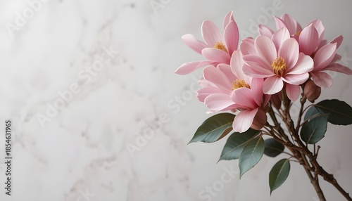 Gift Certificate or Voucher Template with Realistic Pink Magnolia Flower Bouquet for Wedding or March 8th