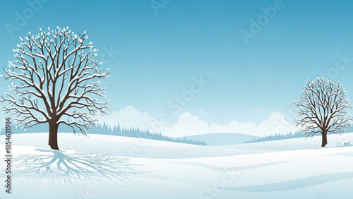 Two bare trees stand alone in a snowy landscape with rolling hills and a clear blue sky on a cold winter day with frosty branches