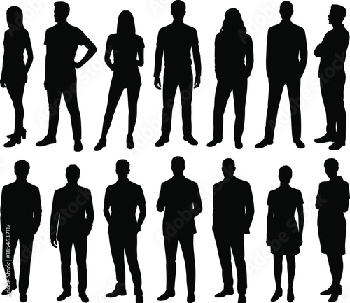 People silhouette set showing men women standing confident poses isolated white background human diversity vector illustration collection