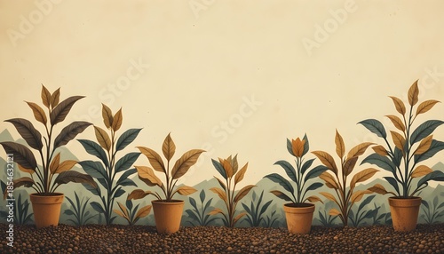 Retro Coffee Plants Background with Vintage Illustrations of Coffee Leaves, Beans, and Floral Elements