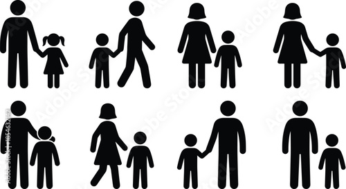 Adult and child silhouettes, family icons, black figures, parent-child poses, walking together clipart, isolated design, guardian relationship vector set