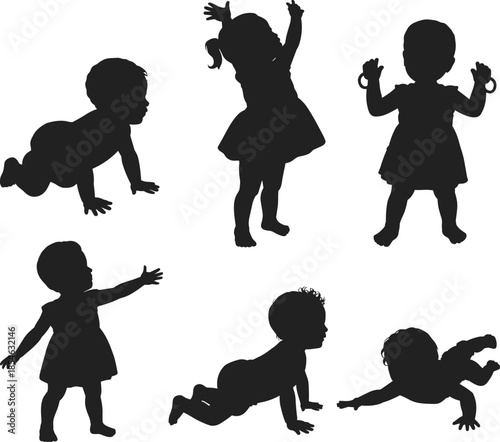 Baby silhouettes collection isolated infants toddlers crawling standing playing black vector illustration set for childhood parenting design