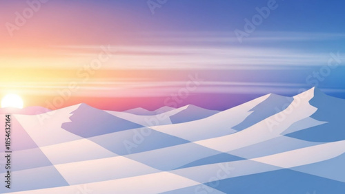 Vibrant sunrise over a stylized, geometric mountain range with a chessboard pattern, gradient sky with warm hues of orange, pink, and purple