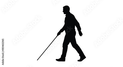 A man walking with a cane depicted in a stark black and white silhouette