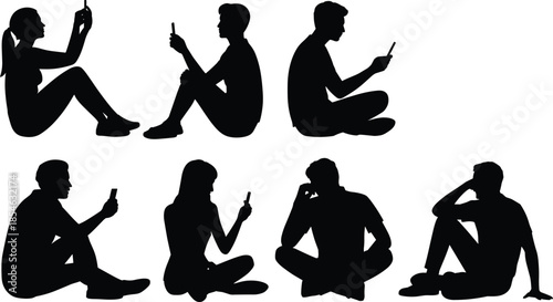People using smartphone silhouette collection isolated black vector illustration showing mobile addiction technology communication social media and digital lifestyle concept