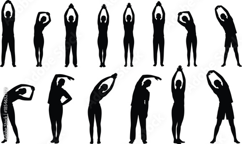 Stretching silhouette, fitness gesture, warm-up pose, flexibility routine, posture study, flat vector, black outline, human figure, exercise illustration