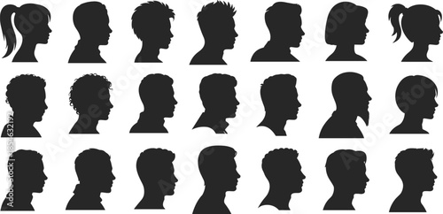 Head, silhouette, profile, people, hairstyle, diversity, icon, vector, black, isolated, shape, character, identity, design, human, shoulder, style, grid, collection