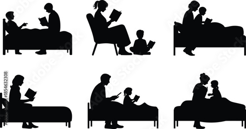 Reading silhouettes, bedtime story, adult child bonding, black vector, parenting icon, literacy moment, nurturing gesture, isolated graphic, education pose, family interaction