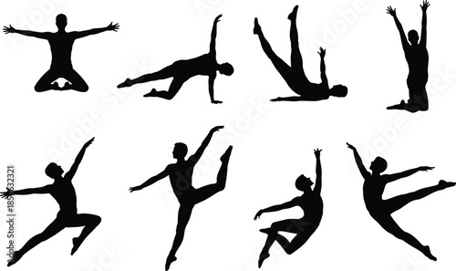 Dance silhouettes, expressive motion, athletic pose, black vector, performance icon, body gesture, isolated graphic, movement art, graceful stance, dynamic moment