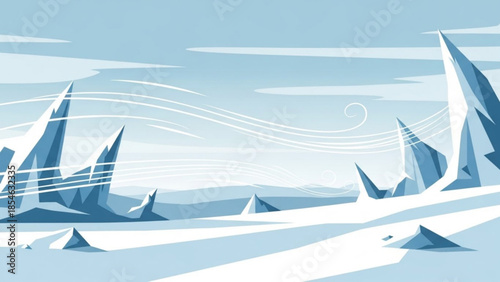 Iceberg landscape with sharp blue and white formations in snowy terrain under light blue sky with wispy clouds and wind lines