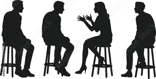 People sitting on stools, group discussion, expressive gestures, silhouette illustration, body language, teamwork concept, black vector, communication, interview pose, seated interaction
